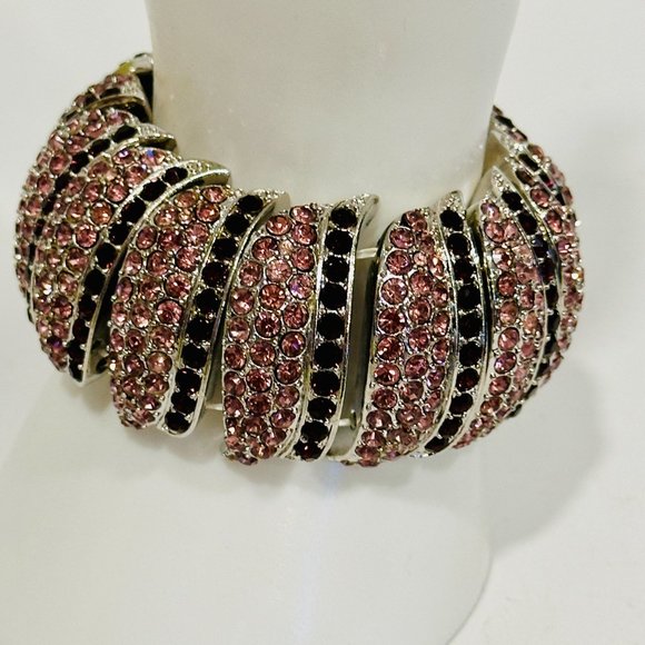 Cuff Bracelet Silver Tone Metal Base Burgundy & Pink Rhinestones EUC Expandable - Picture 6 of 7